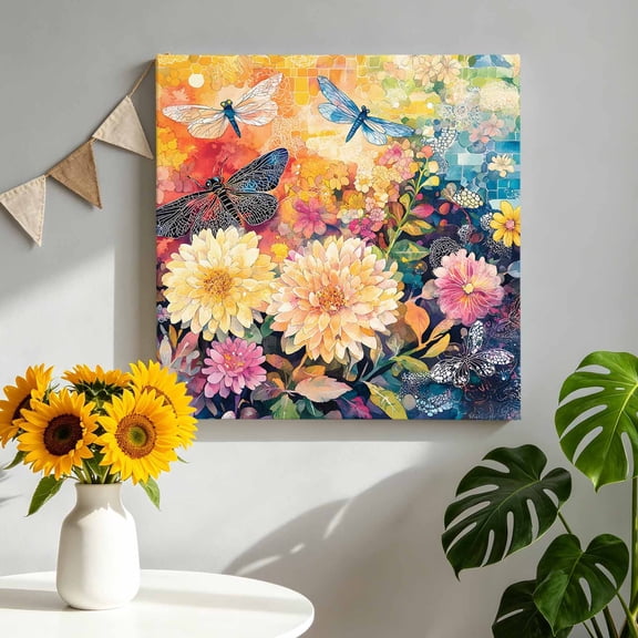 Spring Florals Canvas Wall Art, Watercolor Pink Yellow Floral Dragonfly Colorful Floral Texture Pictures Wall Decor Wooden Framed Artwork Art Prints for Living Room Hallway Bedroom Office 8"x8"