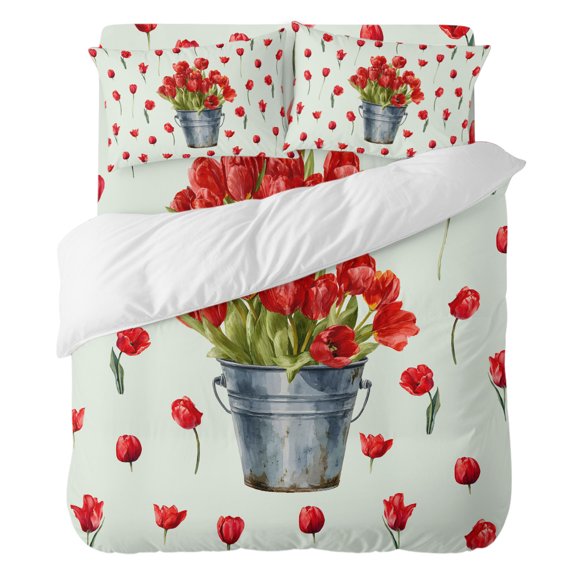 Spring Florals Comforter Set Full Size, Red Tulip Floral Drum Green Background Soft Bedding Set for Man Woman, 4 Pieces Duvet Cover Set with Fitted Sheet, 2 Pillowcases