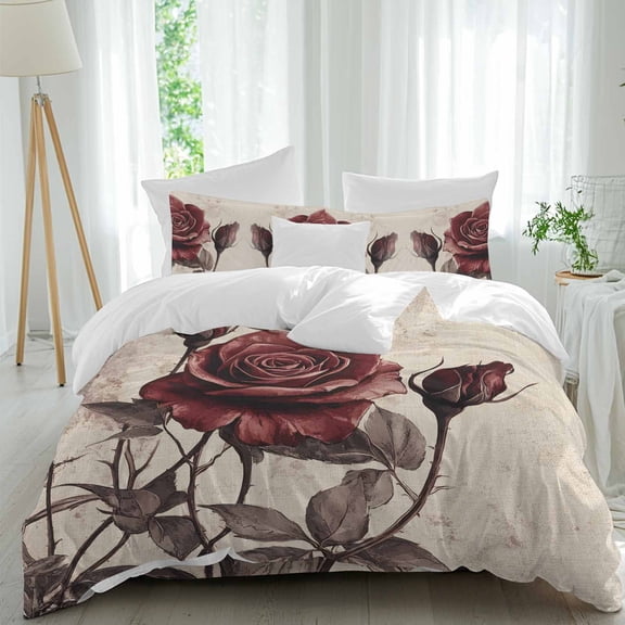 Spring Florals Comforter Set Full Size, Retro Rose Bud Elegant Floral Soft Bedding Set for Man Woman, 4 Pieces Duvet Cover Set with Fitted Sheet, 2 Pillowcases