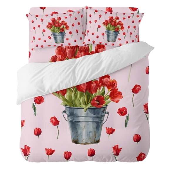 Spring Florals Comforter Set Twin Size, Red Tulip Floral Drum Pink Background Soft Bedding Set for Man Woman, 4 Pieces Duvet Cover Set with Fitted Sheet, 2 Pillowcases