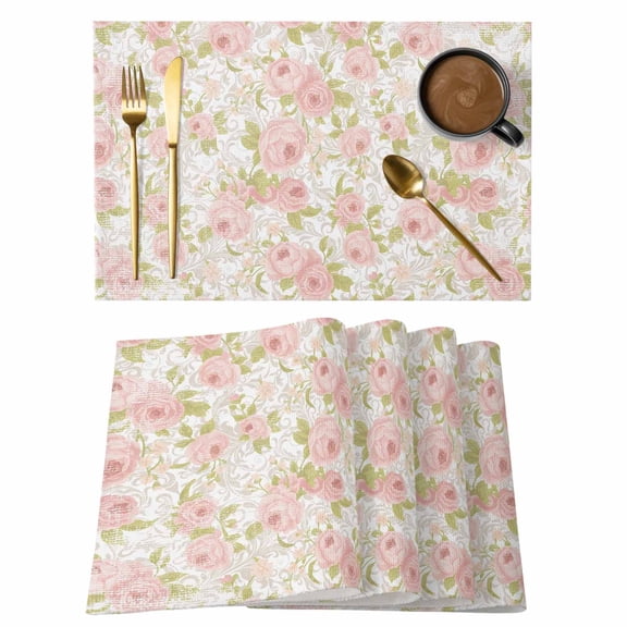 Spring Florals Cotton Linen Placemats Set of 1, Retro Pink White Floral Texture Washable Table Place Mats Heat Insulating Placemat for Dining Room Kitchen Daily Use 13 x 19 Inch