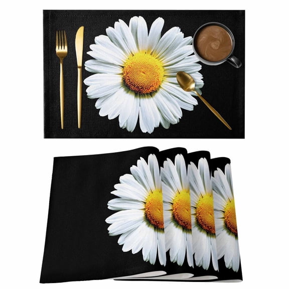 Spring Florals Cotton Linen Placemats Set of 1, White Daisy Black Background Simple Washable Table Place Mats Heat Insulating Placemat for Dining Room Kitchen Daily Use 13 x 19 Inch