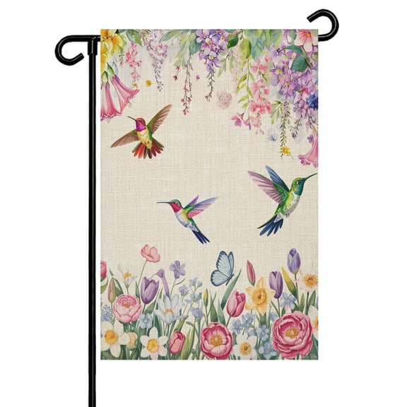 Spring Florals Garden Flag 28x40 Inch Vintage Watercolor Colorful Floral Leaf Birds Linen Texture Double Sided Small Decorative Garden Flags for Outside, Outdoor Yard Porch Lawn Decoration