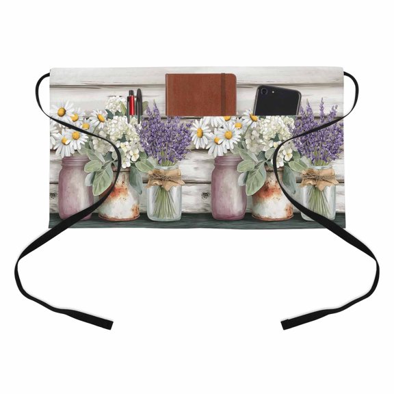 Spring Florals Half Waist Apron Hydrangeas Daisy Lavender Bouquet Retro Wooden Short Waiter Aprons with 3 Pockets for Women Men Kitchen Restaurant Cooking
