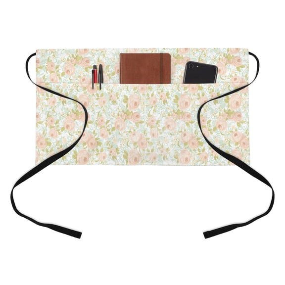 Spring Florals Half Waist Apron Retro Pink Green Floral Texture Short Waiter Aprons with 3 Pockets for Women Men Kitchen Restaurant Cooking