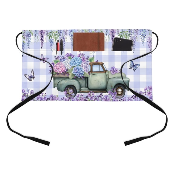 Spring Florals Half Waist Apron Vintage Truck Watercolor Butterflies Blue Plaid Short Waiter Aprons with 3 Pockets for Women Men Kitchen Restaurant Cooking