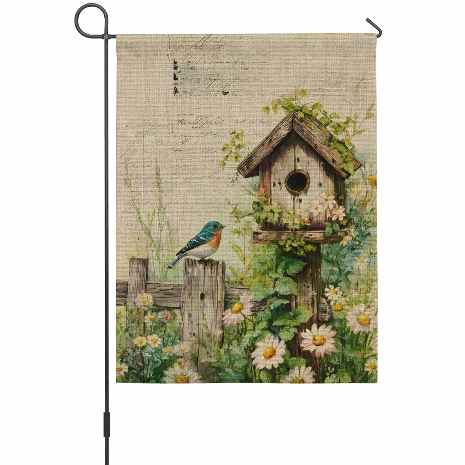 Spring Florals House Flag 28 x 40 Inches, Vintage Bird House Fence White Daisy Leaf Linen Texture Weather Proof Outdoor Patio Flags Double Sided Small House Decoration for Yard Lawn Outside Home