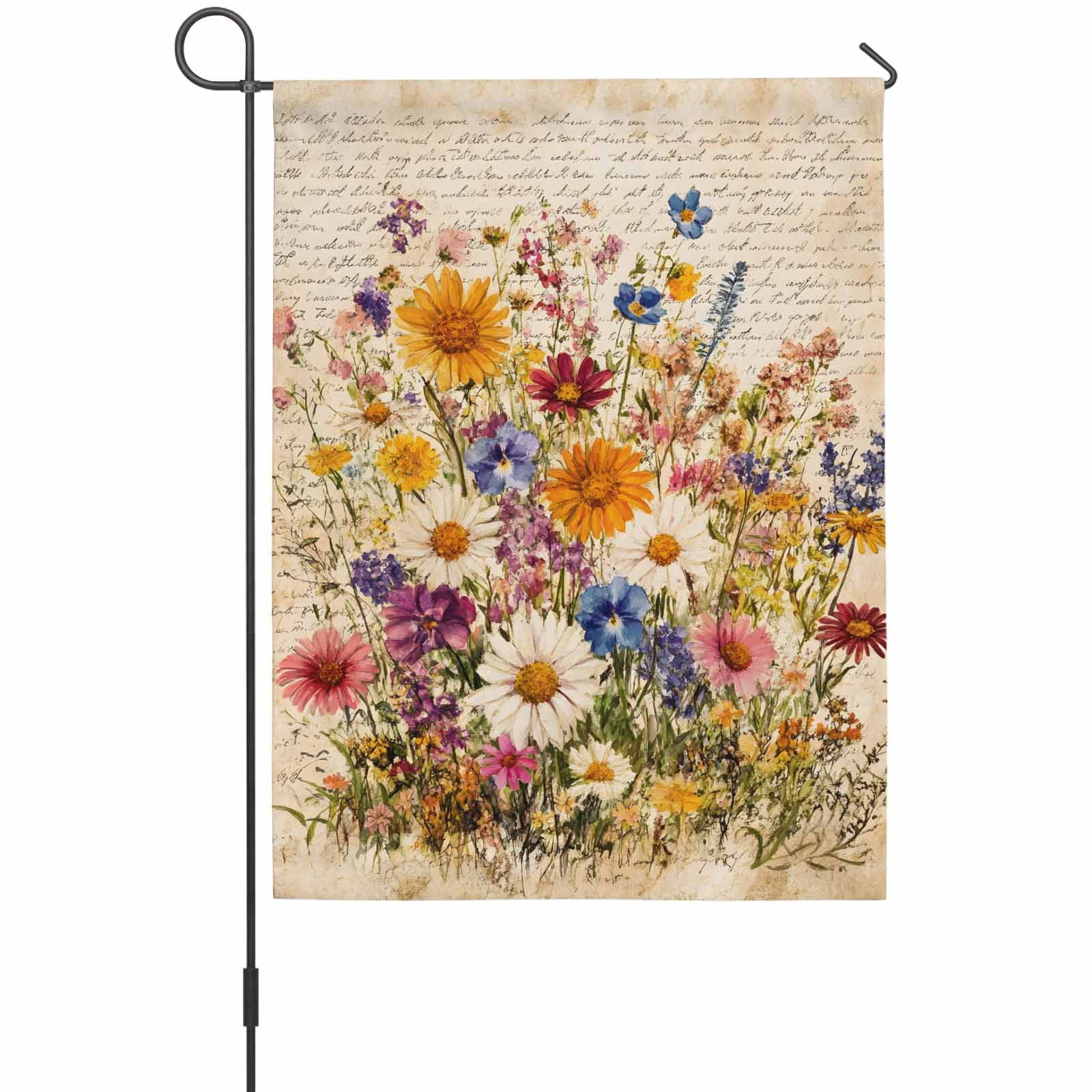 Spring Florals House Flags For Outdoor, Rustic Watercolor Colorful Floral Newspaper Texture Small Double Side Yard Flags Weather Proof House Decor for Lawn Outside Holiday 28 x 40 Inches