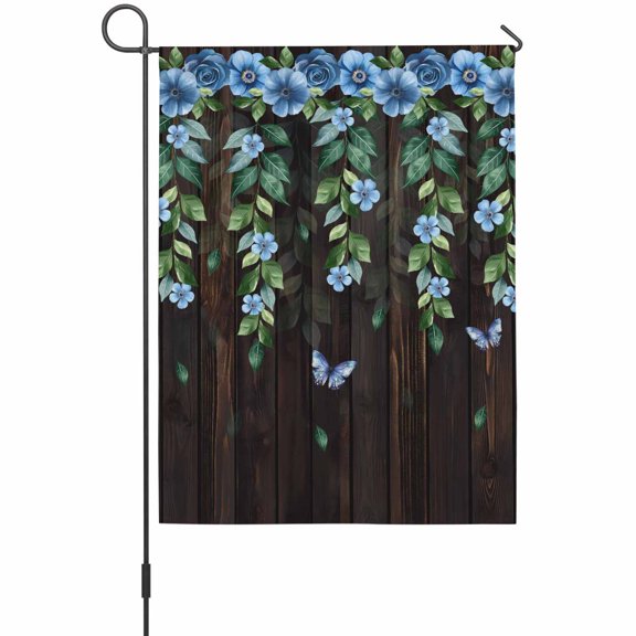 Spring Florals House Flags For Outdoor, Watercolor Blue Flowers Leaf Butterfly Dark Brown Wood Grain Small Double Side Yard Flags Weather Proof House Decor for Lawn Outside Holiday 28 x 40 Inches