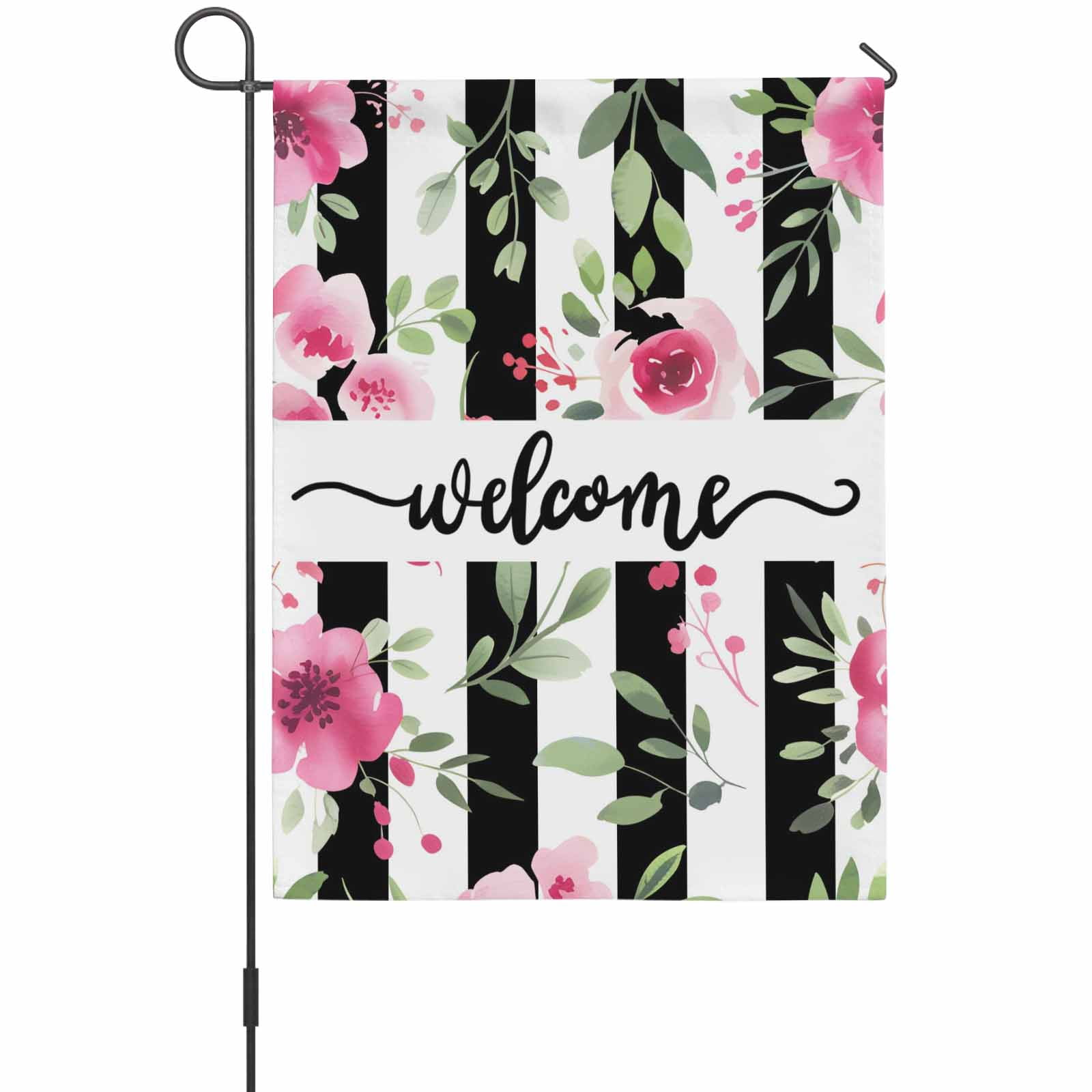 Spring Florals House Flags For Outdoor, Welcome Pink Floral Green Leaf Plack Stripes Small Double Side Yard Flags Weather Proof House Decor for Lawn Outside Holiday 28 x 40 Inches