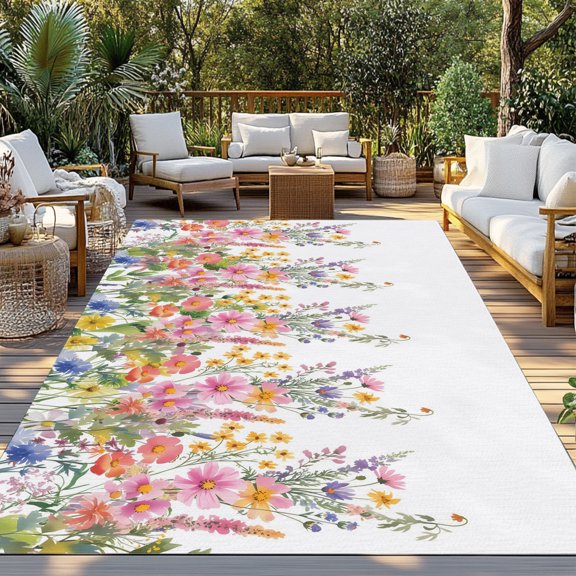 Spring Florals Indoor Outdoor Rugs 3x5 Ft, Country Colorful Wildflowers Field Botanical Outdoor Patio Rugs Mat Washable Outside Area Rugs Carpet for Porch Deck RV Camping Pool Balcony Backyard