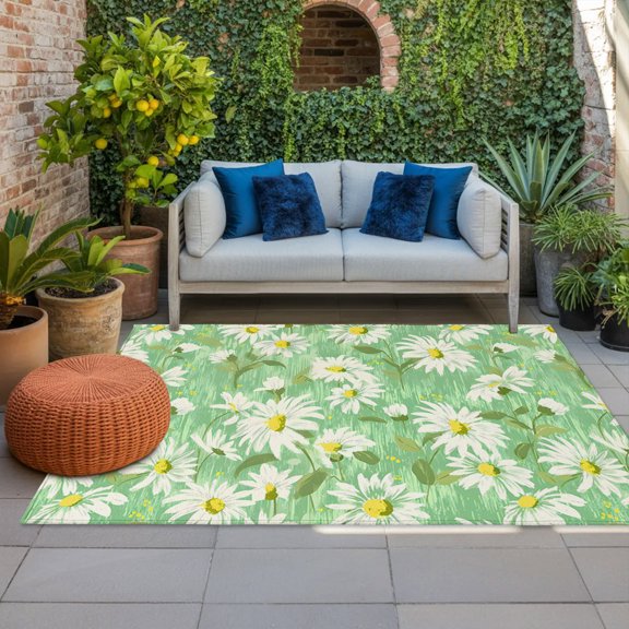 Spring Florals Indoor Outdoor Rugs 3x5 Ft, Watercolors White Daisy Green Field Botanical Outdoor Patio Rugs Mat Washable Outside Area Rugs Carpet for Porch Deck RV Camping Pool Balcony Backyard