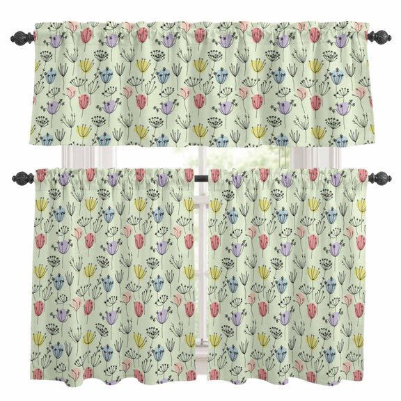 Spring Florals Kitchen Curtains Set for Windows, Colorful Dandelion Line Floral Green Background Curtains Valance and Tier 3 Piece Set Small Drapes 36 Inch Length for Kitchen Bedroom Decor