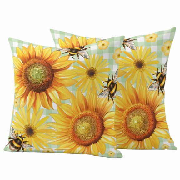 Spring Florals Outdoor Pillow Covers Set of 2 Watercolor Country Yellow Daisy Sunflower Floral Bee Green Plaid Waterproof Throw Pillow Cover Decorative Cushion Cases for Patio Porch Garden 20X20 Inch