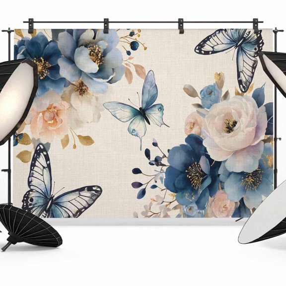 Spring Florals Photography Backdrop 7x5FT, Country Watercolor White Blue Floral Butterfly Linen Texture Photo Backdrops, Background for Photography Studio, Back Drop for Photoshoot