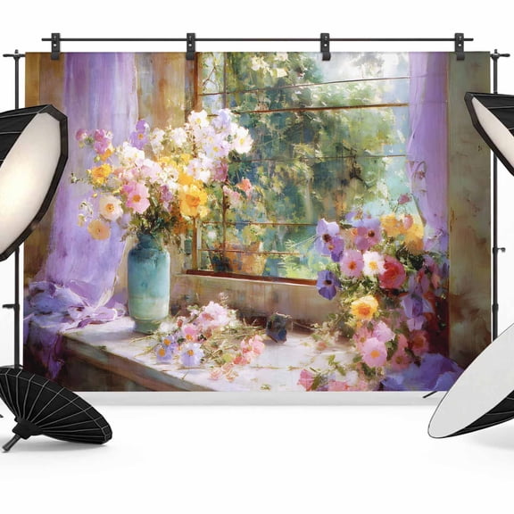 Spring Florals Photography Backdrop 7x5FT, Oil Painting Colored Floral Window Scene Photo Backdrops, Background for Photography Studio Photo Studio Background, Back Drop for Photoshoot