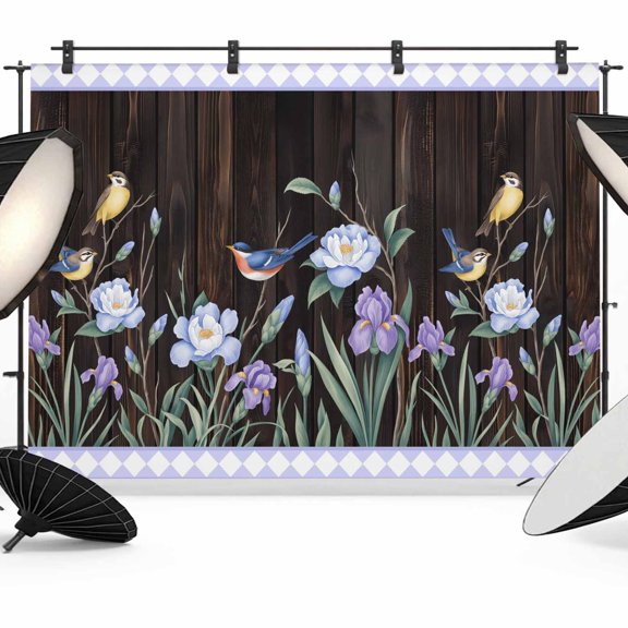 Spring Florals Photography Backdrop 7x5FT, Purple Blue Floral Bird Brown Wood Striped Photo Backdrops, Background for Photography Studio Photo Studio Background, Back Drop for Photoshoot