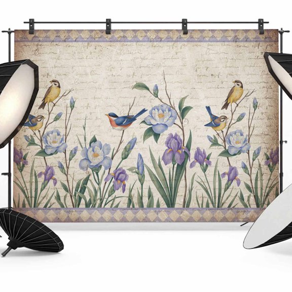 Spring Florals Photography Backdrop 7x5FT, Purple Blue Floral Bird Plant Vintage Paper Photo Backdrops, Background for Photography Studio Photo Studio Background, Back Drop for Photoshoot