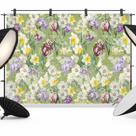 Spring Florals Photography Backdrop 7x5FT, Vintage Oil Painting Pink White Purple Floral Leaf Grass Green Photo Backdrops, Background for Photography Studio, Back Drop for Photoshoot