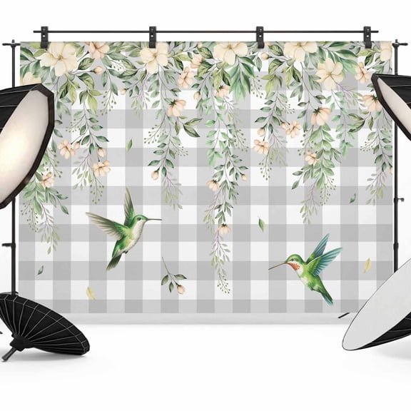 Spring Florals Photography Backdrop 7x5FT, Watercolor Beige Floral Falling Green Leaf Birds Grey Plaid Photo Backdrops, Background for Photography Studio, Back Drop for Photoshoot