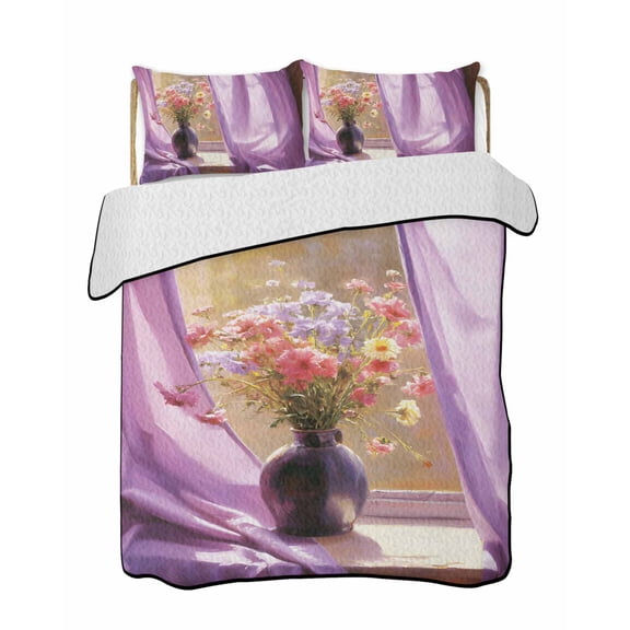 Spring Florals Quilts Bedding Set California King Oil Painting Colored Floral Window Curtain Scenery Lightweight Quilted Bedspread 3 Piece Bed Quilt with 2 Pillow Shams for Bedroom 96" x 106"