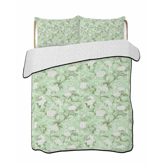Spring Florals Quilts Bedding Set King Size Retro White Floral Teal Retro Texture Lightweight Quilted Bedspread 3 Piece Bed Quilt with 2 Pillow Shams All Season for Bedroom 90" x 96"