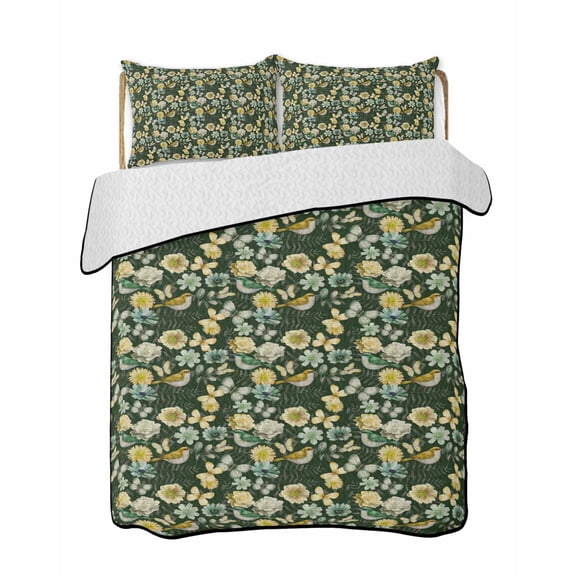 Spring Florals Quilts Bedding Set Queen Size Hummingbird Butterflies Yellow Green Flower Lightweight Quilted Bedspread 3 Piece Bed Quilt with 2 Pillow Shams All Season for Bedroom 78" x 90"
