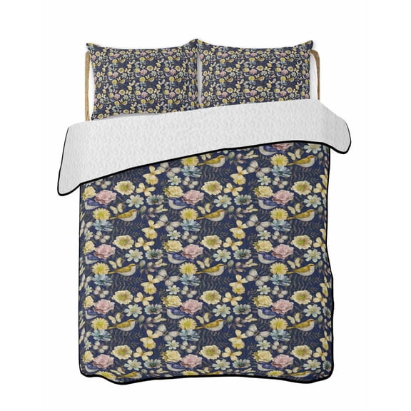 Spring Florals Quilts Bedding Set Twin Size Hummingbird Butterflies Yellow Pink Flower Lightweight Quilted Bedspread 3 Piece Bed Quilt with 2 Pillow Shams All Season for Bedroom 68" x 86"