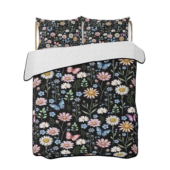 Spring Florals Quilts Bedding Set Twin Size Watercolor Pink Yellow Blue Floral Leaf Butterfly Black Lightweight Quilted Bedspread 3 Piece Bed Quilt with 2 Pillow Shams for Bedroom 68" x 86"