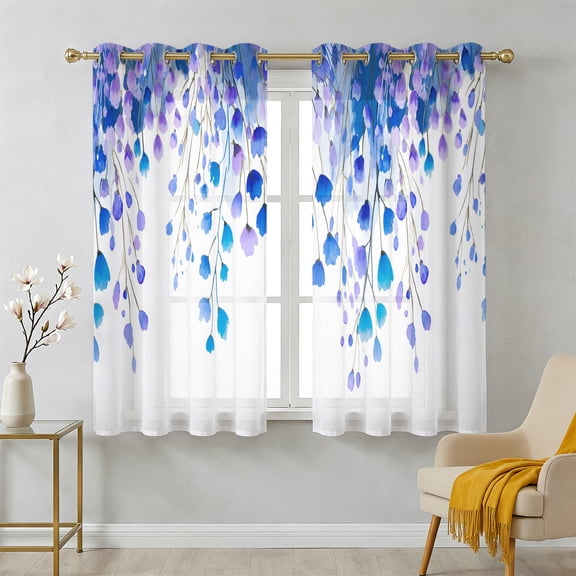 Spring Florals Sheer Curtains 39 Inch Long 2 Panels, Watercolor Gradient Blue Purple Floral Romantic Light Filtering Semi Sheer Drapes Grommet Voile Window Curtain for Living Bedroom W27.9 x L39