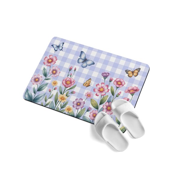 Spring Florals Soft Diatomaceous Earth Mat, Pink Yellow Floral Butterflies Purple Plaid Absorbent Bath Mat Non Slip Rubber Backed Quick Dry Doormat Fit Under Door for Bathroom Kitchen 24"x36"