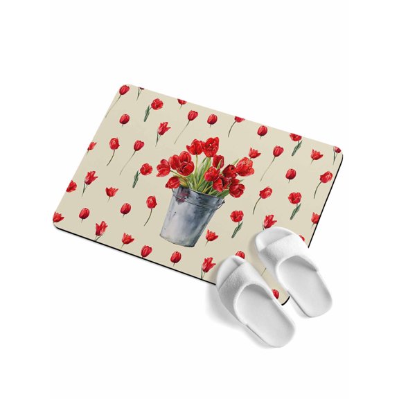 Spring Florals Soft Diatomaceous Earth Mat, Red Tulip Floral Drum Beige Background Absorbent Bath Mat Non Slip Rubber Backed Quick Dry Doormat Fit Under Door for Bathroom Kitchen 18"x30"