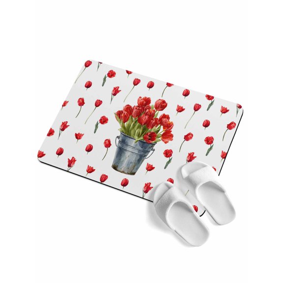 Spring Florals Soft Diatomaceous Earth Mat, Red Tulip Floral Drum Farm Plants Country Absorbent Bath Mat Non Slip Rubber Backed Quick Dry Doormat Fit Under Door for Bathroom Kitchen 16"x24"