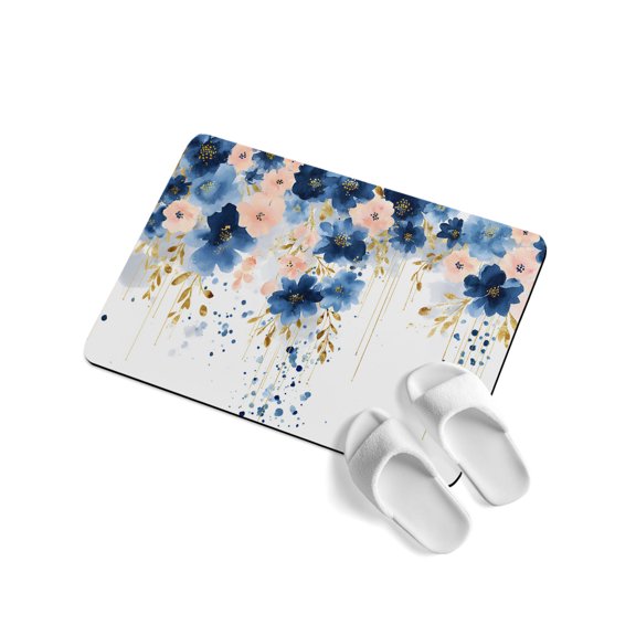 Spring Florals Soft Diatomaceous Earth Mat, Vintage Watercolor Pink Blue Floral Gold Leaf Absorbent Bath Mat Non Slip Rubber Backed Quick Dry Doormat Fit Under Door for Bathroom Kitchen 24"x36"