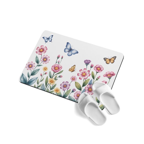 Spring Florals Soft Diatomaceous Earth Mat, Yellow Purple Pink Floral Butterflies Absorbent Bath Mat Non Slip Rubber Backed Quick Dry Doormat Fit Under Door for Bathroom Kitchen 24"x36"