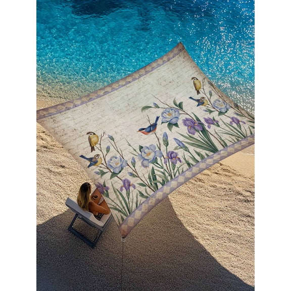 Spring Florals Sun Shade Sail 12' x 16', Purple Blue Floral Bird Plant Vintage Paper Rectangle Outdoor Sunshade Canopy, Waterproof UV Block Patio Covers for Garden Yard Beach