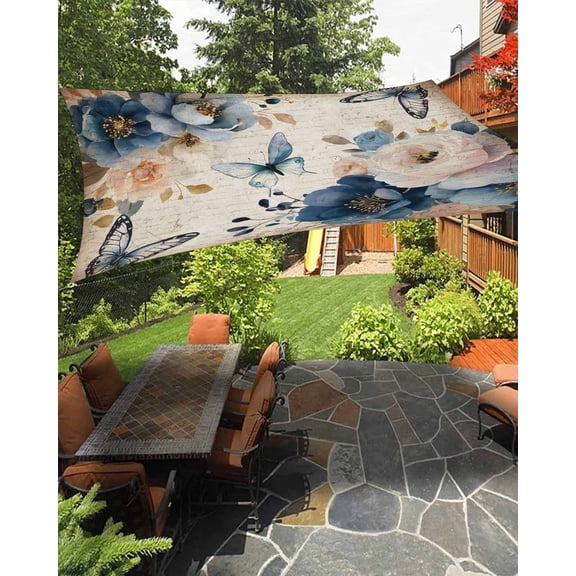 Spring Florals Sun Shade Sail 14'X18' Country Watercolor White Blue Floral Butterfly Vintage Paper UV Block Outdoor Sail Shades Breathable Waterproof Rectangular Sunshade for Patio Garden Pool Porch
