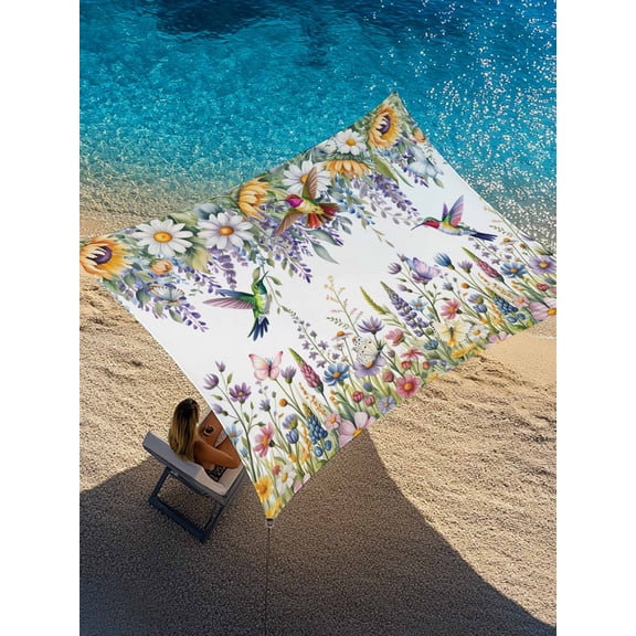 Spring Florals Sun Shade Sail 14' x 18', Vintage Watercolor Purple Yellow Pink Floral Leaf Birds Rectangle Outdoor Sunshade Canopy, Waterproof UV Block Patio Covers for Garden Yard Beach