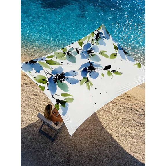 Spring Florals Sun Shade Sail 14' x 18', Watercolor Blue Black Floral Green Leaf Beige Background Rectangle Outdoor Sunshade Canopy, Waterproof UV Block Patio Covers for Garden Yard Beach