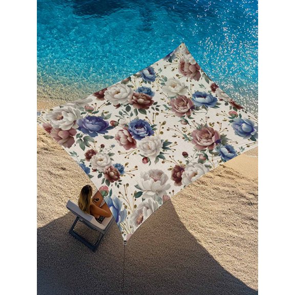 Spring Florals Sun Shade Sail 6.5' x 10', Blue Red Rose Floral Plant Vintage Linen Rectangle Outdoor Sunshade Canopy, Waterproof UV Block Patio Covers for Garden Yard Beach
