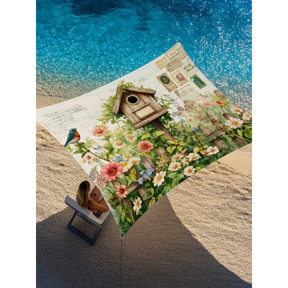 Spring Florals Sun Shade Sail 6.5' x 10', Country Watercolor Bird House Fence White Floral Leaf Beige Rectangle Outdoor Sunshade Canopy, Waterproof UV Block Patio Covers for Garden Yard Beach
