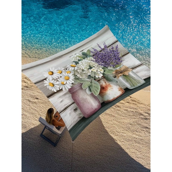 Spring Florals Sun Shade Sail 6.5' x 10', Hydrangeas Daisy Lavender Bouquet Retro Wooden Rectangle Outdoor Sunshade Canopy, Waterproof UV Block Patio Covers for Garden Yard Beach