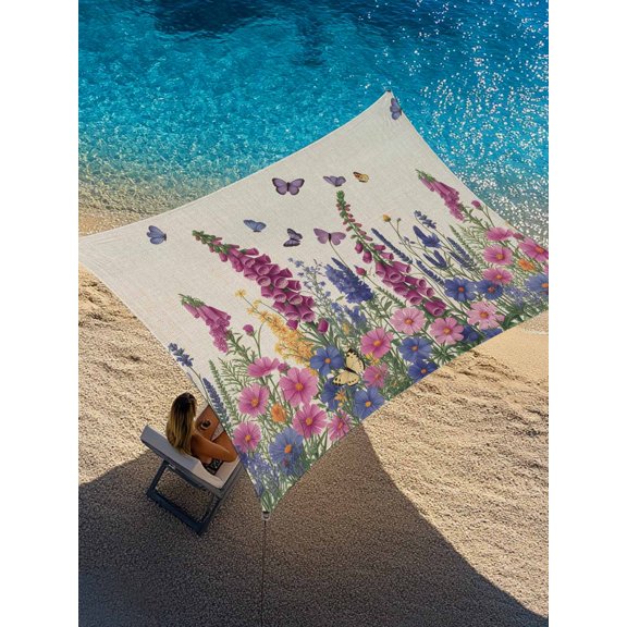 Spring Florals Sun Shade Sail 6.5' x 10', Lavender Blue Pink Flower Butterflies Vintage Rectangle Outdoor Sunshade Canopy, Waterproof UV Block Patio Covers for Garden Yard Beach