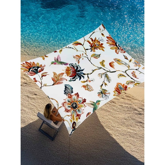 Spring Florals Sun Shade Sail 6.5' x 10', Oil Painting Red Orange Floral Branch Hummingbird Beige Rectangle Outdoor Sunshade Canopy, Waterproof UV Block Patio Covers for Garden Yard Beach