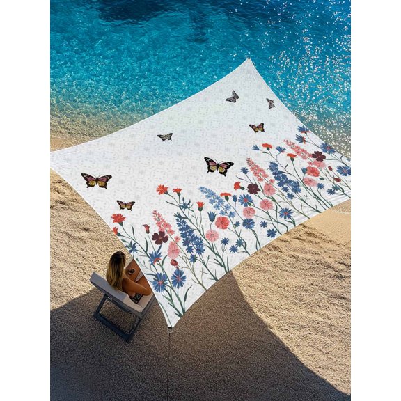 Spring Florals Sun Shade Sail 6.5' x 10', Pink Blue Flower Butterflies Floral Plant Rectangle Outdoor Sunshade Canopy, Waterproof UV Block Patio Covers for Garden Yard Beach