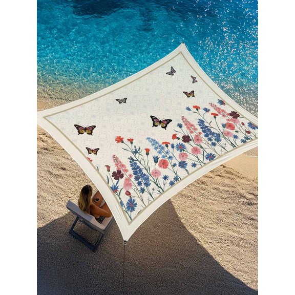 Spring Florals Sun Shade Sail 6.5' x 10', Vintage Pink Blue Flower Butterflies Plants Rectangle Outdoor Sunshade Canopy, Waterproof UV Block Patio Covers for Garden Yard Beach