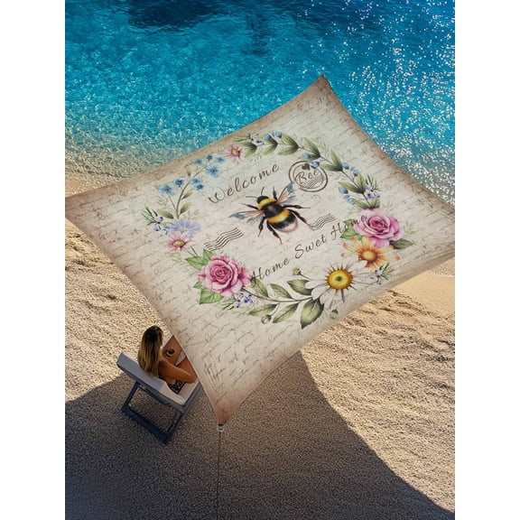 Spring Florals Sun Shade Sail 6.5' x 10', Watercolor Country White Yellow Pink Floral Bee Vintage Paper Rectangle Outdoor Sunshade Canopy, Waterproof UV Block Patio Covers for Garden Yard Beach