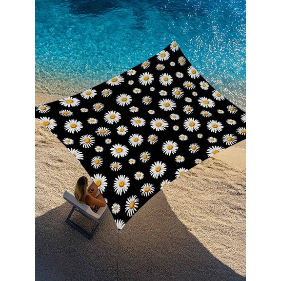 Spring Florals Sun Shade Sail 8' x 10', Watercolor Country White Daisy Floral Black Rectangle Outdoor Sunshade Canopy, Waterproof UV Block Patio Covers for Garden Yard Beach