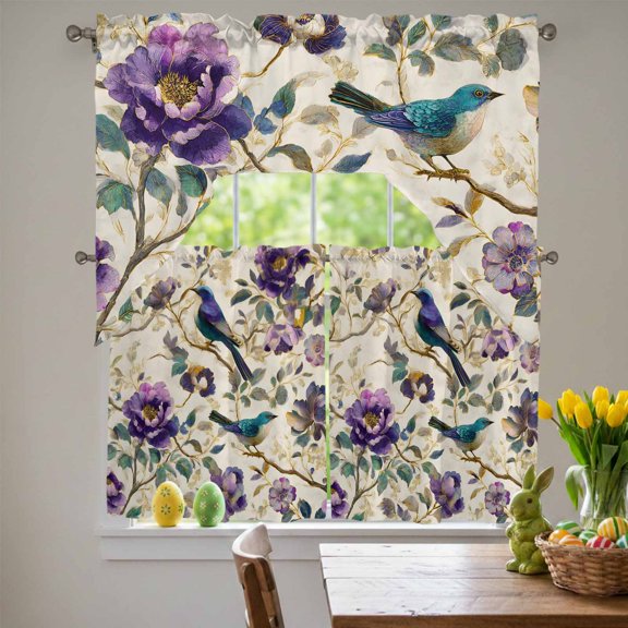 Spring Florals Swag Curtains Valance & Tier Set, Vintage Gorgeous Purple Flower Bird Waterproof Leaf 3 Pcs Set Kitchen Swag Valances and Tiers 36 Inch Length Rod Pocket Curtain Drapes for Bedroom