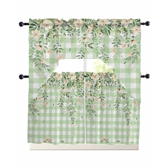 Spring Florals Swag and Tier Curtains Set Watercolor Beige Floral Falling Green Leaf Plant Green Plaid Kitchen Valances with Tier Curtains 36 In Long, Light Filtering Curtains for Bathroom